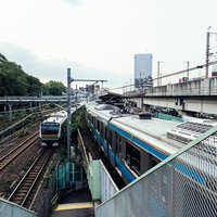 王子駅を走る京浜東北線と湘南新宿ライン、駅舎に停車する列車の写真