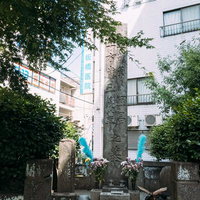 近藤勇と新選組隊士の墓地に立つ歴史碑と苔むした墓石の写真