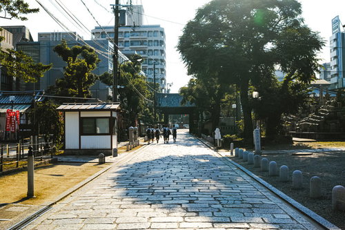 神社の石畳の参道を歩く少年達の散策風景