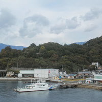 波止場の巡視艇と港町の風景の写真