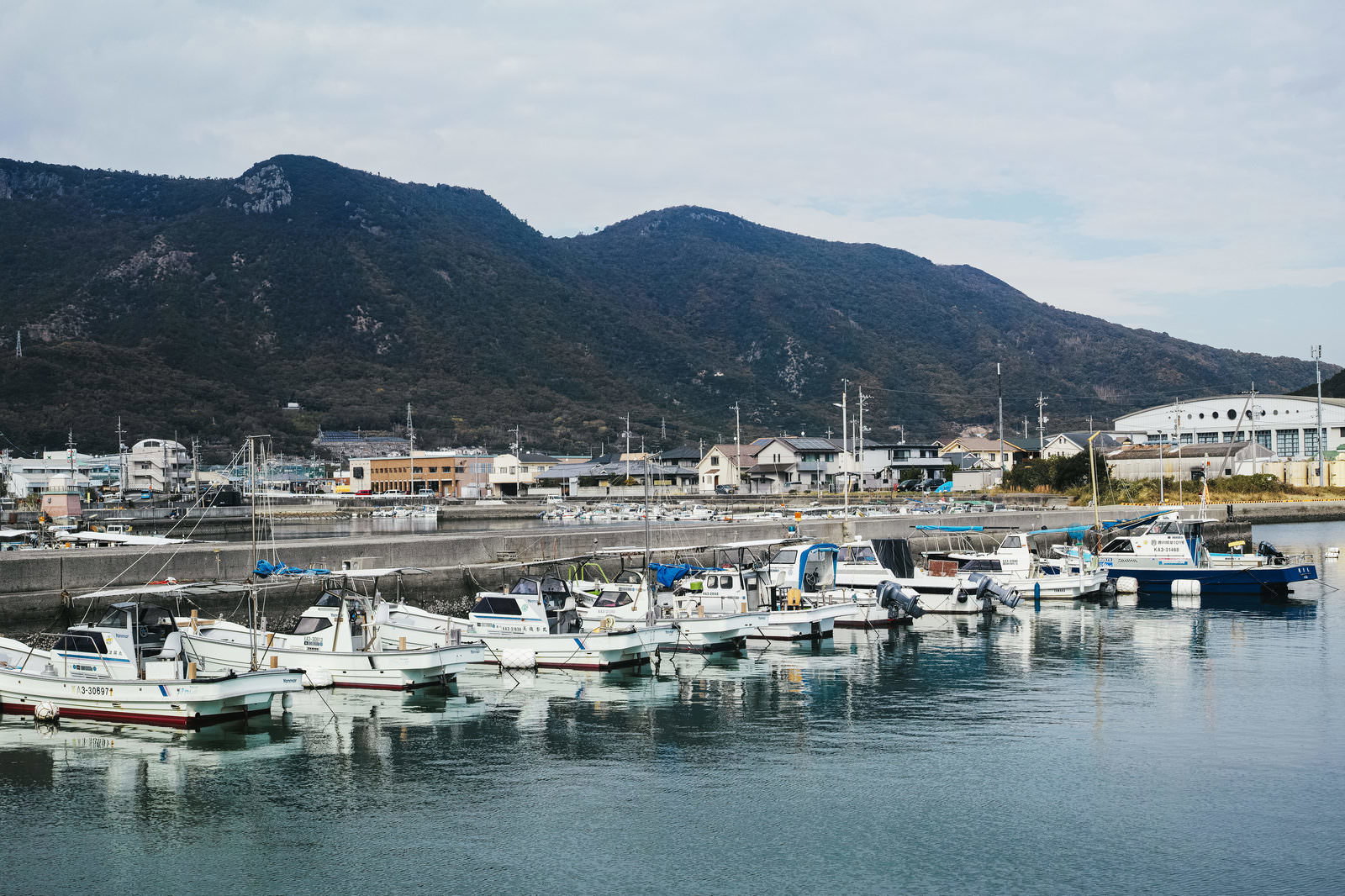 青い海の港に白い小型船が複数停泊し、背景に緑の山並みが見える風景