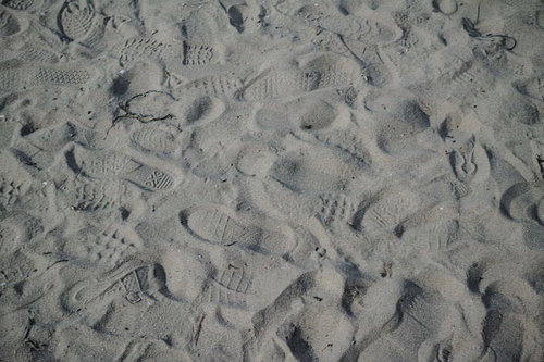 砂地に残る様々な靴跡のテクスチャーと足跡の痕跡
