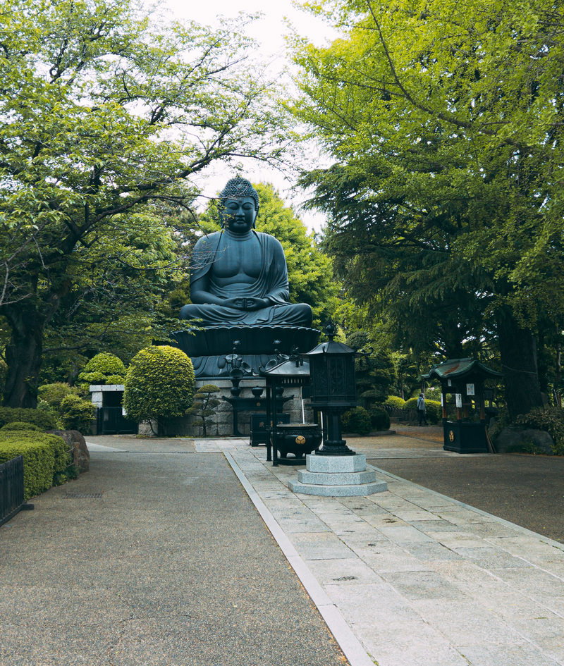 石畳の参道の先に青銅色の大仏が新緑に囲まれて座っている風景