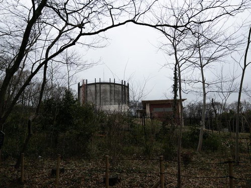 裸木の奥に聳え立つ南沢浄水所の貯水タンク