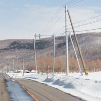 山麓の雪解け季節、路肩に残る雪と冬道、電柱と電線が並ぶ地方の風景の写真
