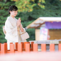 神社で手を合わせ参拝する着物姿の女性の写真