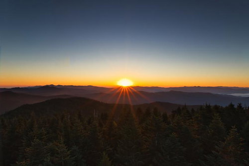朝日に照らされた山並みと針葉樹林の夜明け風景