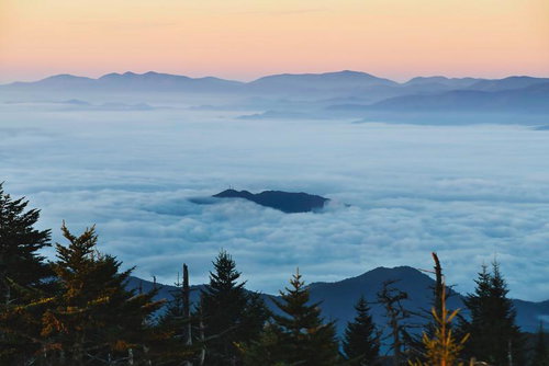 雲海から頭を出す山並みの景観、朝焼けに染まる高地風景