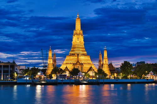 オレンジ色にライトアップされたワット・アルンとチャオプラヤー川の夜景