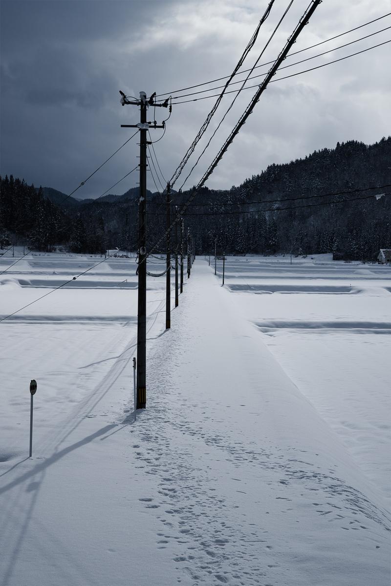 Electricity poles with power lines running through a snow-covered country road, with a snowy winter landscape in the background