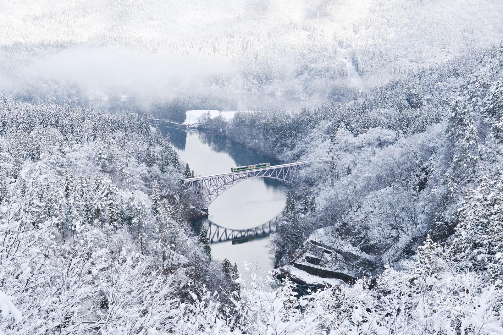 A steel railway bridge spanning a snow-covered forest and valley, with a train passing through the wintry landscape