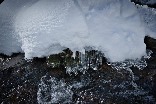 雪と氷柱の下を流れる渓流