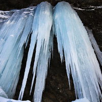 青白く輝く氷柱が垂直に並ぶ冬の氷瀑の写真