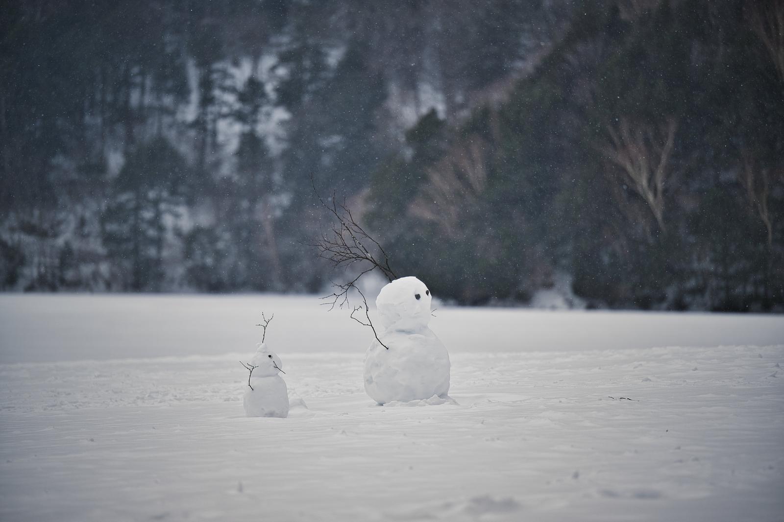 A winter landscape with large and small snowmen standing on the snow-covered field by the frozen lake