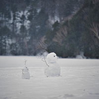 雪に覆われた湖畔に立つ雪だるまの写真