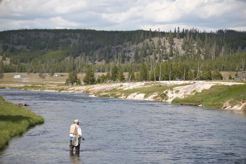 渓流でフライフィッシングをするおじさん、川釣りの風景