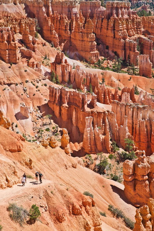 ブライスキャニオン国立公園の赤い峡谷を歩くハイカーたちの冒険