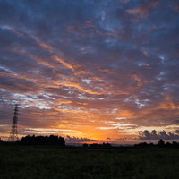 畑越しに見える朝焼け空と送電線鉄塔の写真