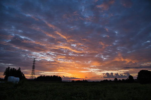 畑越しに見える朝焼け空と送電線鉄塔