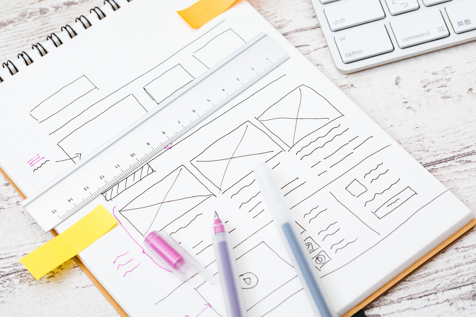 白木のデスク上でワイヤーフレームをノートに手書きする、カラーペン、付箋紙、ものさしが配置された風景