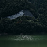 奥多摩ダムの湖面に立つ白波と深緑の森林風景の写真