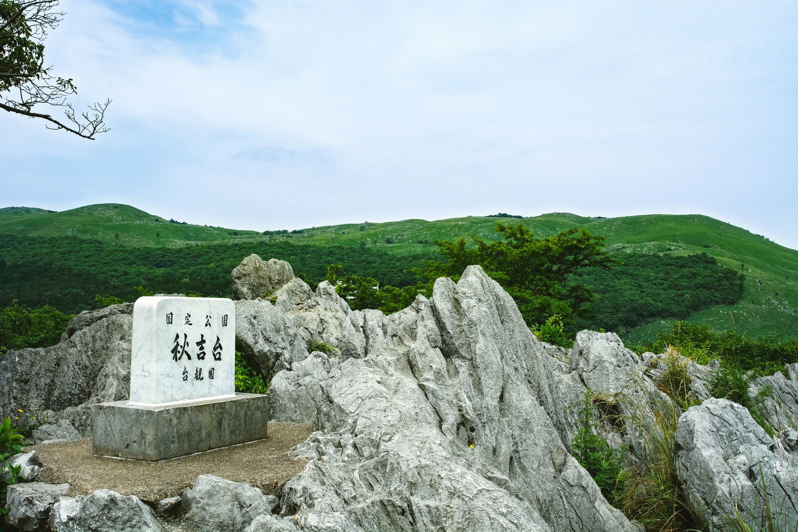 秋吉台台観園の石碑と石灰岩の台地、緑の草原と青空