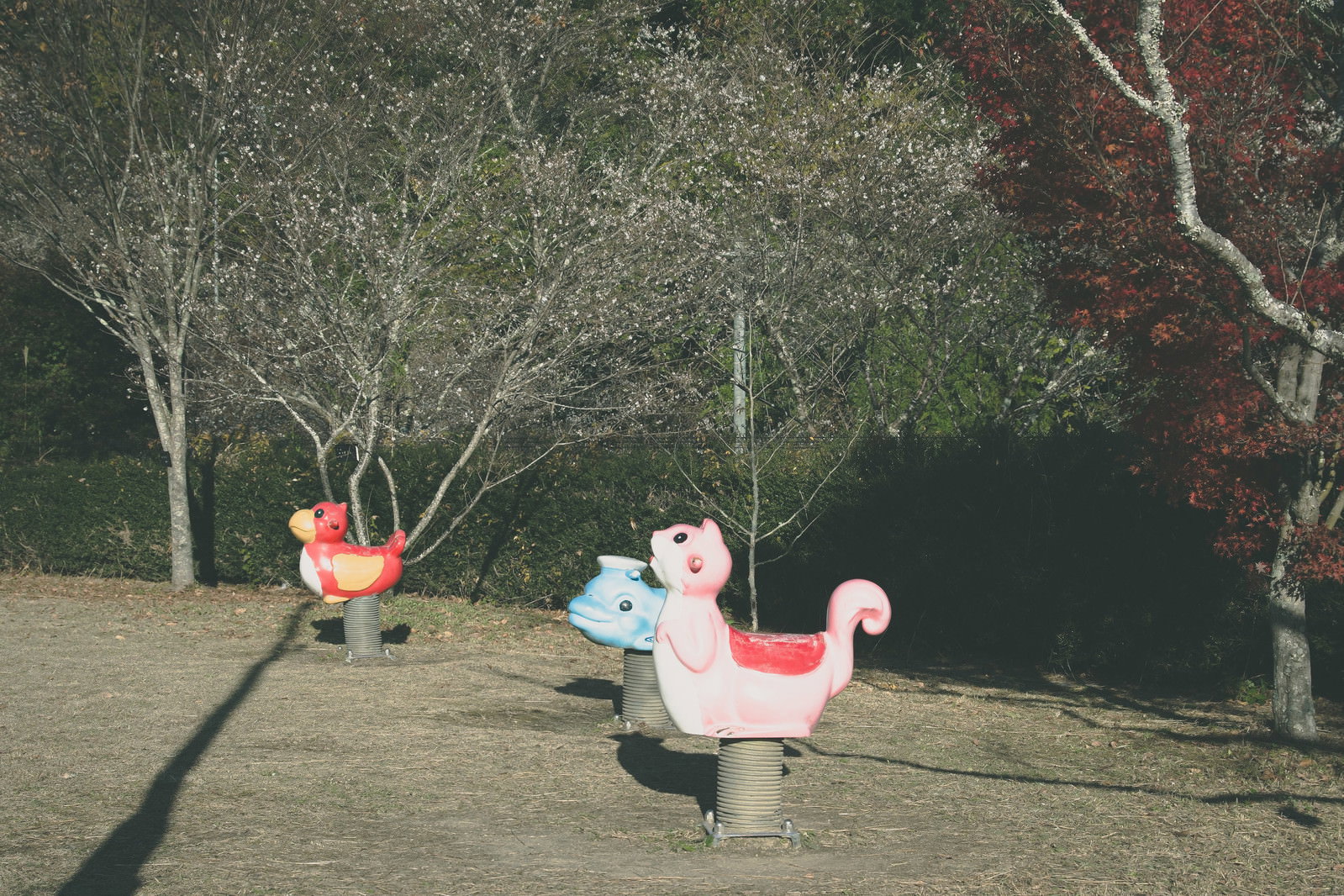 公園に設置された赤と白の動物型スプリング遊具