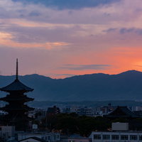 薄く紅が残る空の下ライトアップの始まった東寺の写真