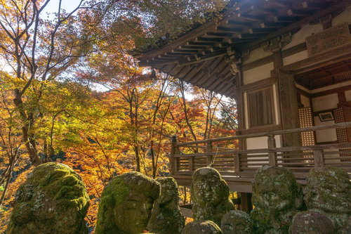地蔵堂手前に並ぶ羅漢像と地蔵堂を囲む色とりどりに染まる木々