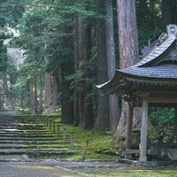 二の鳥居へ向かう参道と手前に建つ手水場の写真