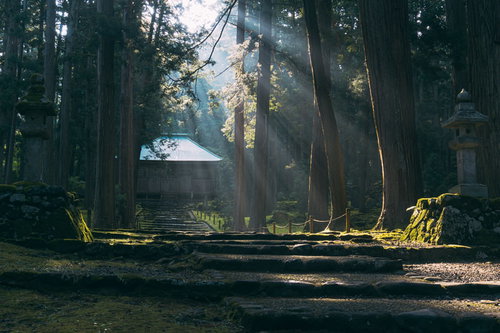 幾筋もの光芒に彩られる神々の座す場所へと向かう道