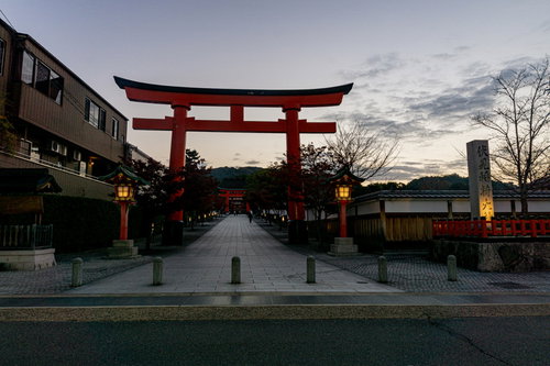 足元からのライトに照らされた早朝の伏見稲荷大社社号標と一番鳥居から伸びる灯りが残る石畳