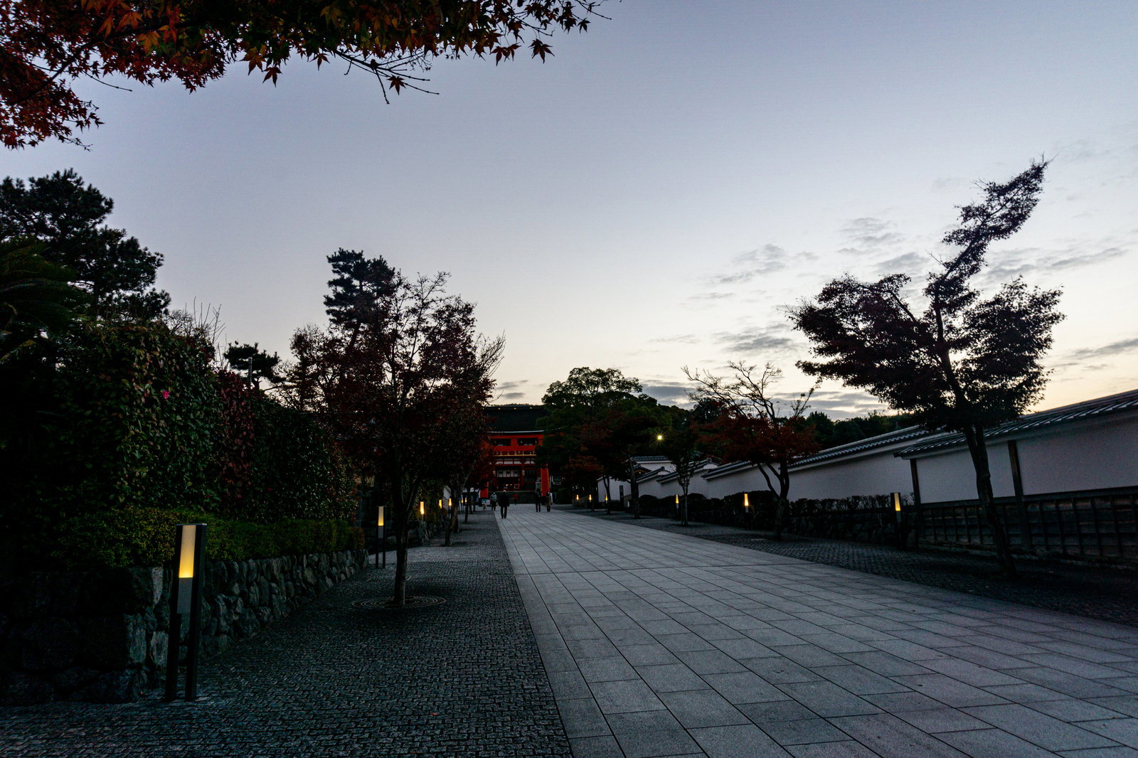 夜明け前の伏見稲荷大社境内、石畳の参道に照明が灯る静寂な朝の光景