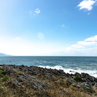 島の遊歩道から見える雄島の西側に広がる板状節理に打ち寄せる波の写真
