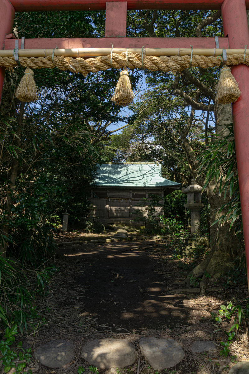 雄島大湊神社の朱色の鳥居から見た木々に囲まれた拝殿と石段