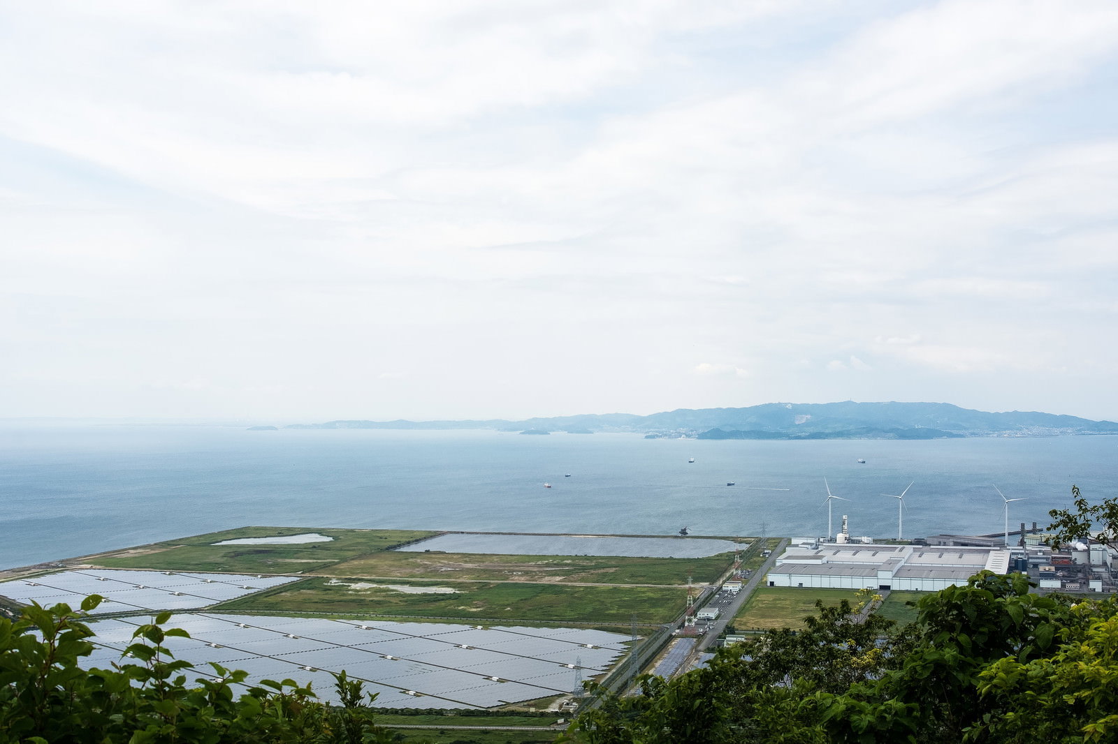 青空の下に設置された白い風力発電用風車とソーラーパネルが広がる風景