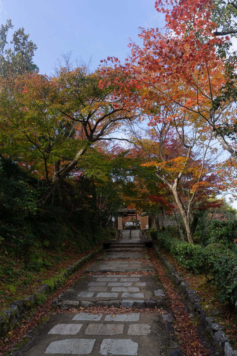 あだしの念仏寺への石畳の参道と紅葉