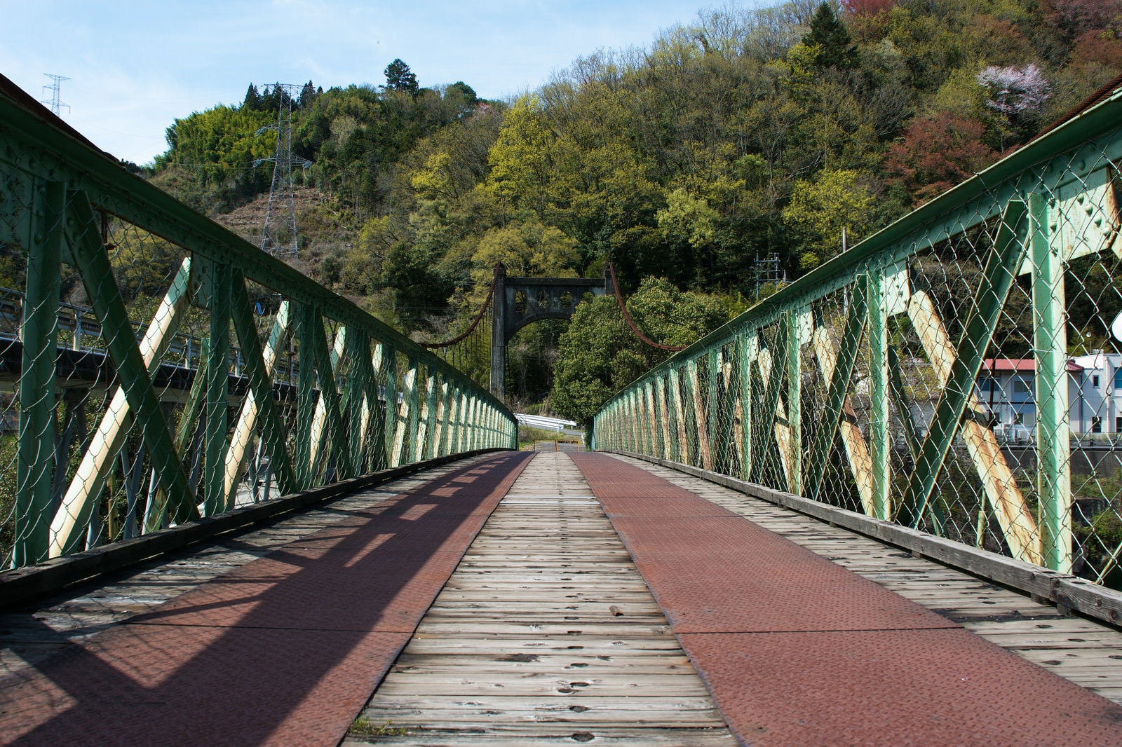 森林に囲まれた緑色の鉄骨吊り橋、小和沢橋の全景