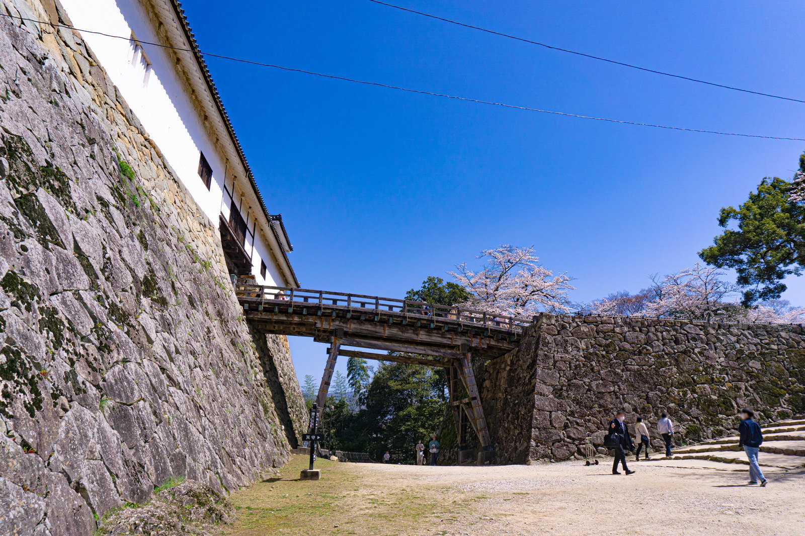 Five tourists strolling during spring with stone castle walls in the background
