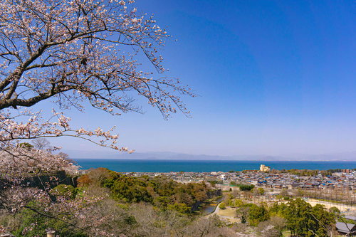 春の彦根城本丸から望む城下町と琵琶湖