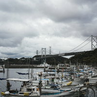 並んだ漁船と関門橋の写真