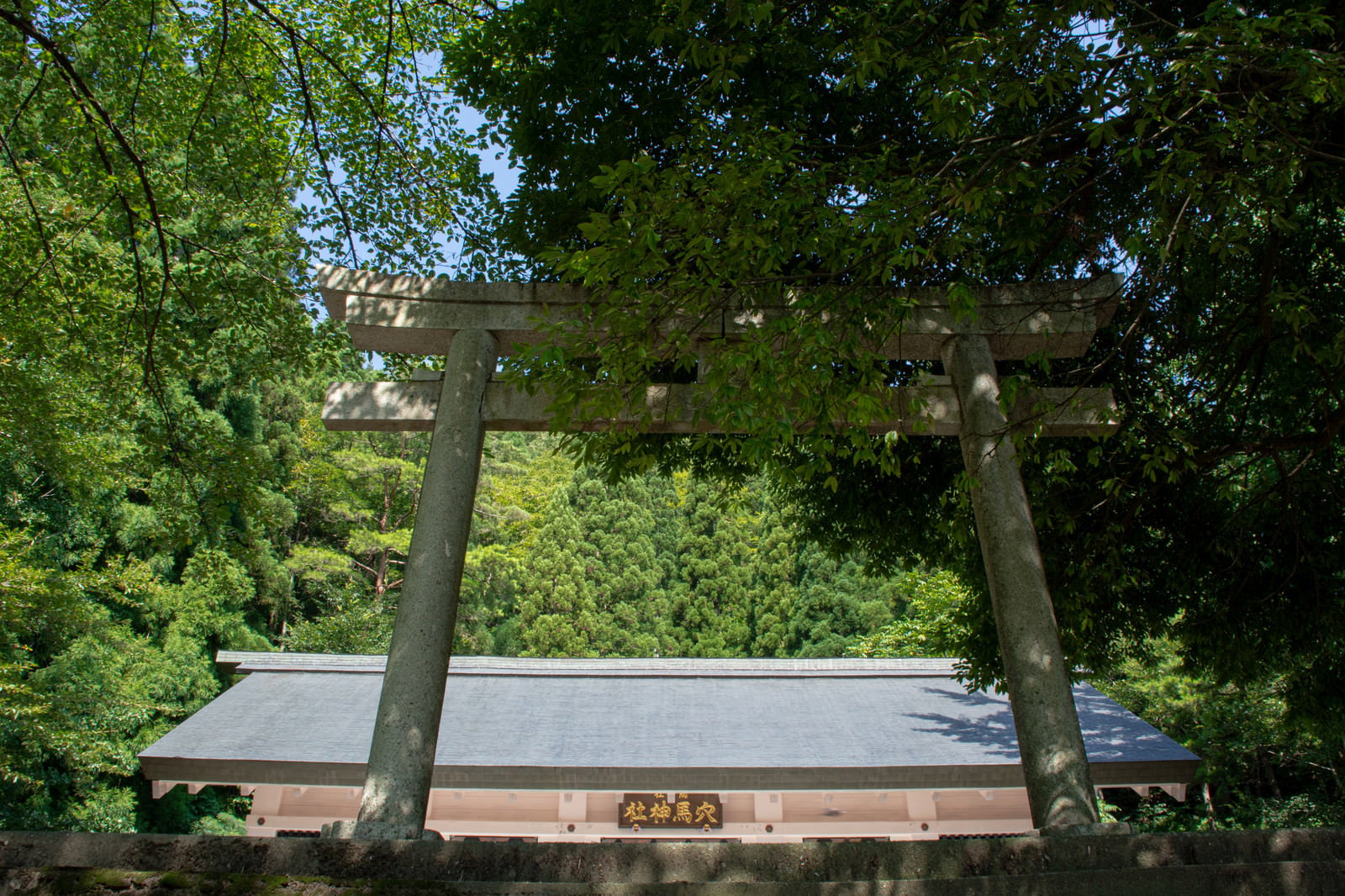 穴馬神社の石鳥居と奥の拝殿
