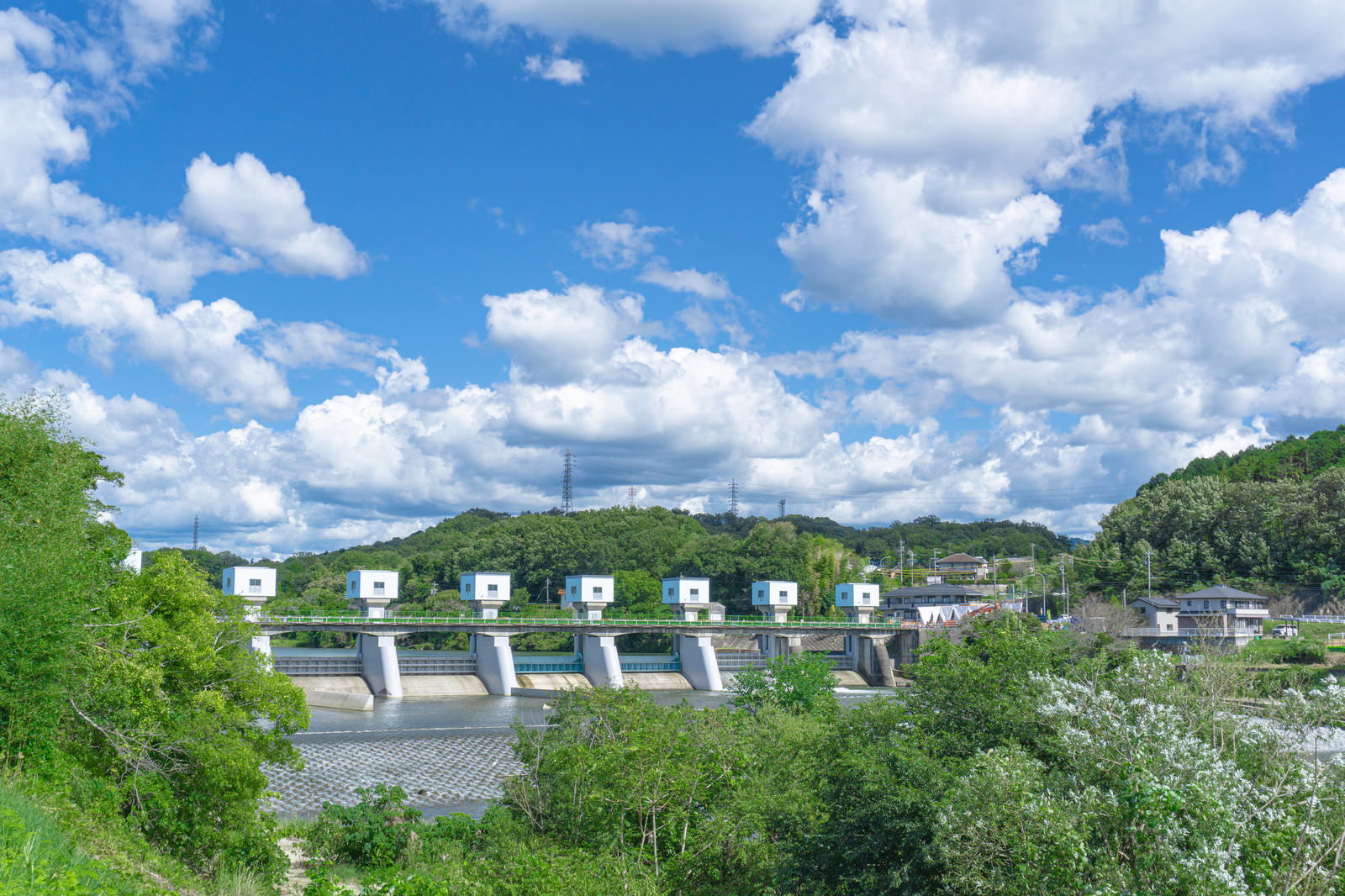 The Meiji Canal Headworks structure visible through the green trees under the blue sky