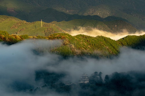 流れる雲海の中にうっすらと姿を見せる郡上八幡城