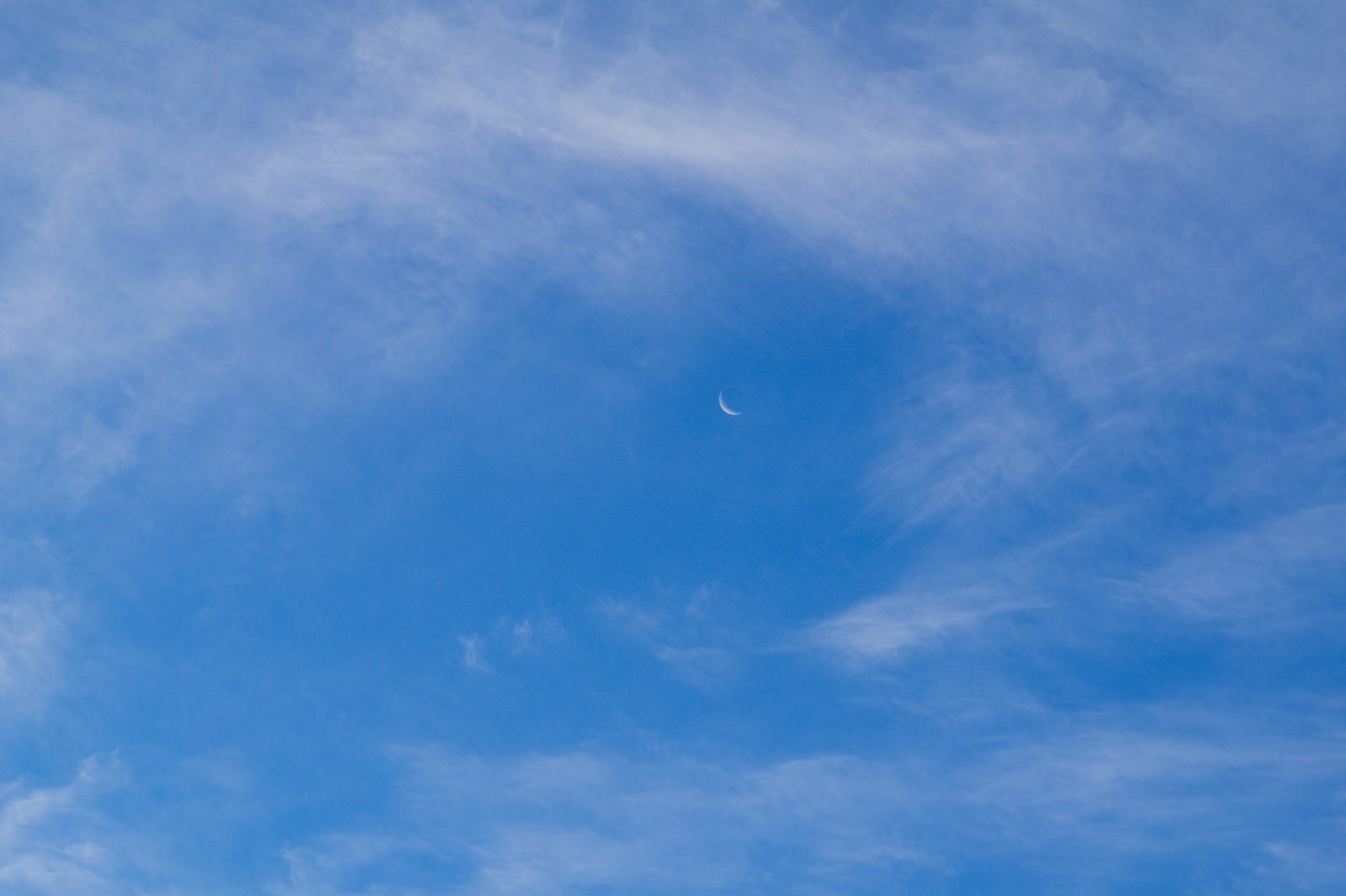 青空に白い雲が流れる中、薄く見える三日月が写る朝の空