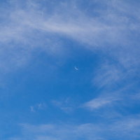 薄い雲の合間に顔を出した朝の三日月の写真