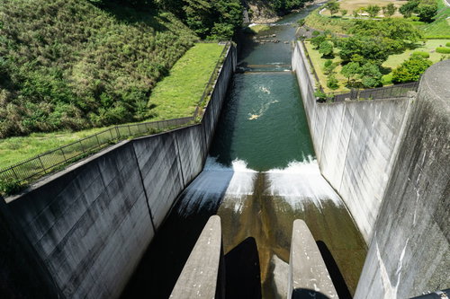 ダムの上からの野洲川下流の眺め（滋賀県甲賀市）
