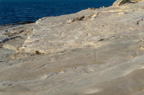 千畳敷の紺碧の海と白い岩盤のコントラストの写真