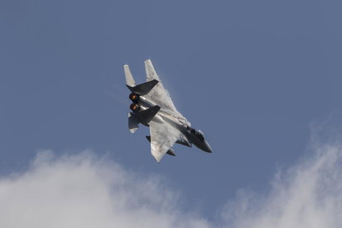 翼の上にベイパーを纏いABを使い激しいフライトを魅せてくれるF15