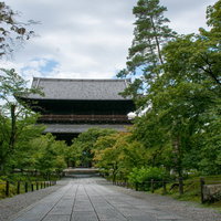 法堂から続く石畳の先に見える三門の写真